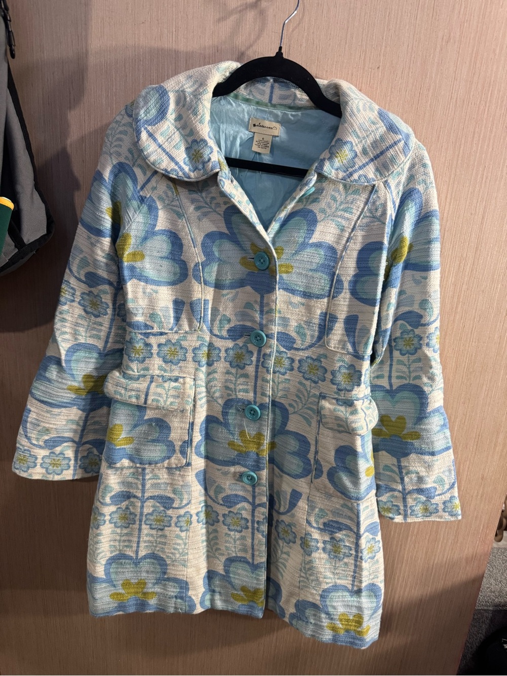 Women’s Elevenses Linen Blend Blue and Cream Floral Pea Coat Size 6